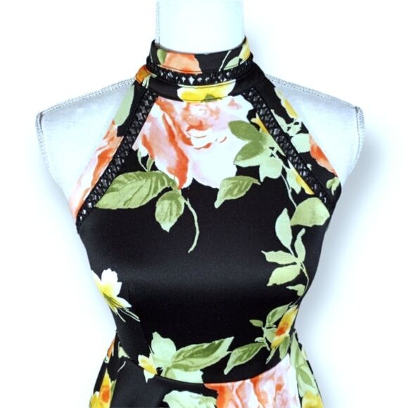 B. DARLIN BLACK & PEACH FLORAL HIGH NECK FIT & FLAIR DRESS SZ.1/2 EUC - Picture 3 of 9